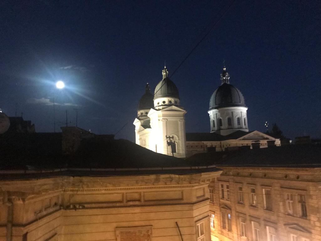 利沃夫Romantic Panorama Krakivska street的一座建筑,上面有两个圆顶