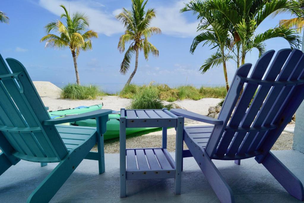 大松礁岛Deer Run on the Atlantic的棕榈树海滩上的两把椅子和一张桌子