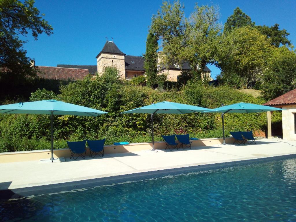 SimeyrolsLes Bernardies的游泳池旁设有蓝色椅子和遮阳伞