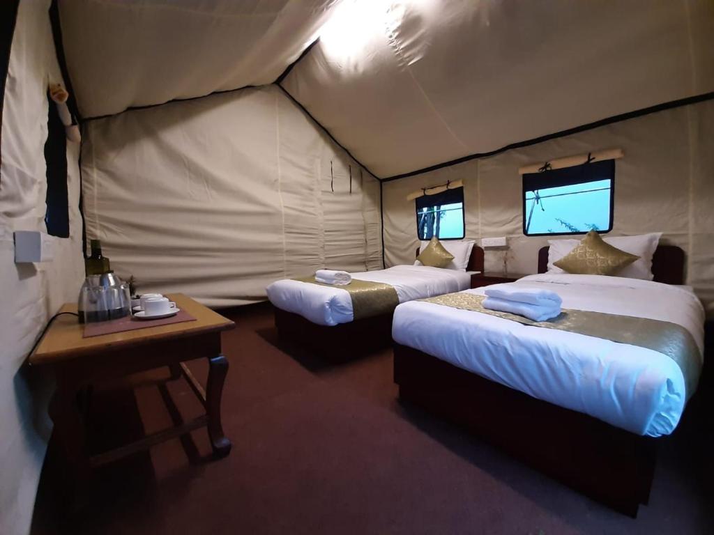 拉冲Ourguest Camp Lachung的帐篷卧室配有两张床和一张桌子