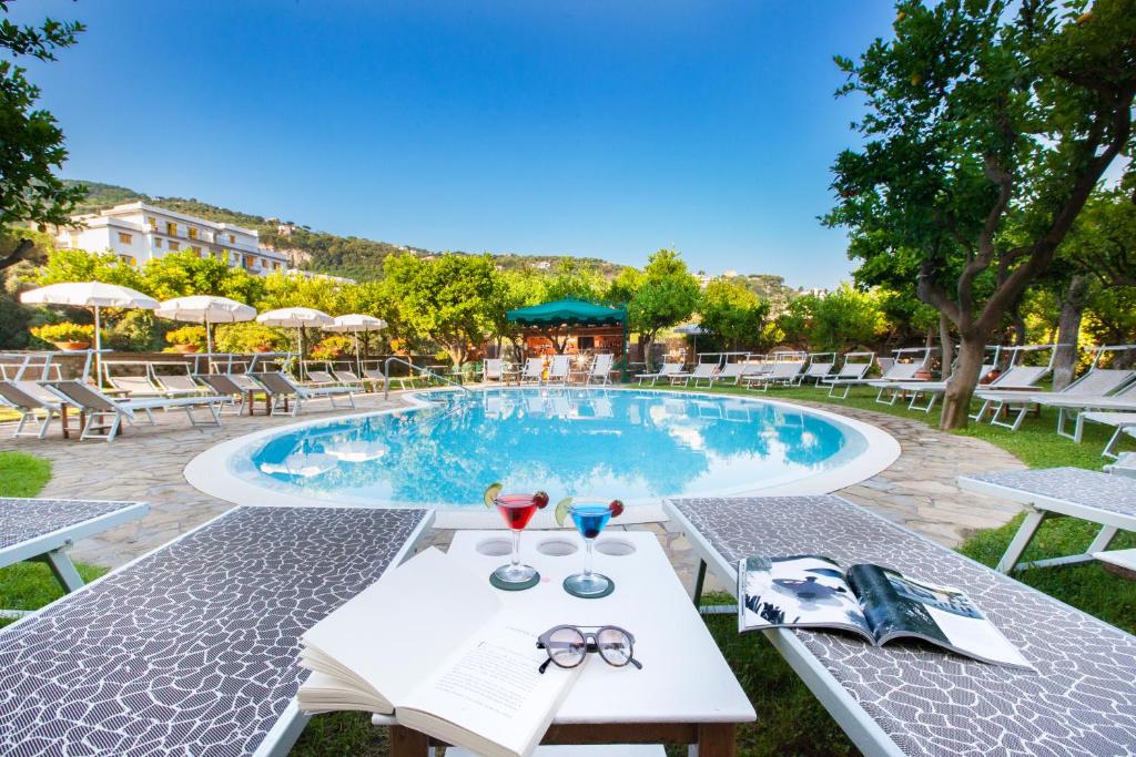 索伦托安蒂奇米拉酒店的一个带椅子和桌子及眼镜的游泳池