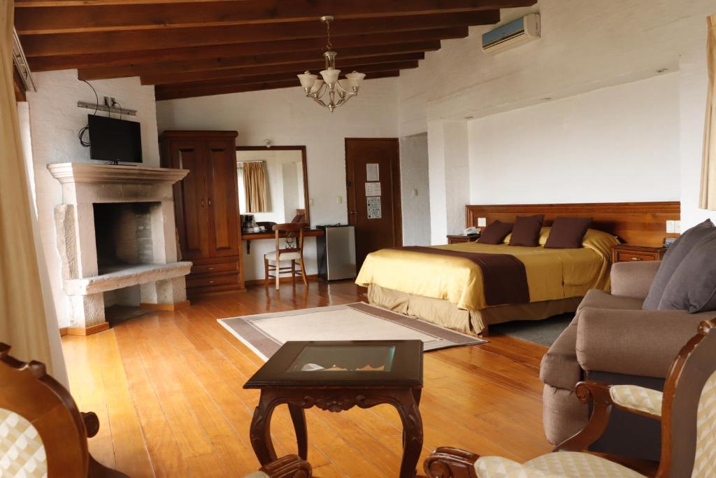 莫雷利亚洛马酒店的一间卧室设有一张床,客厅设有壁炉。