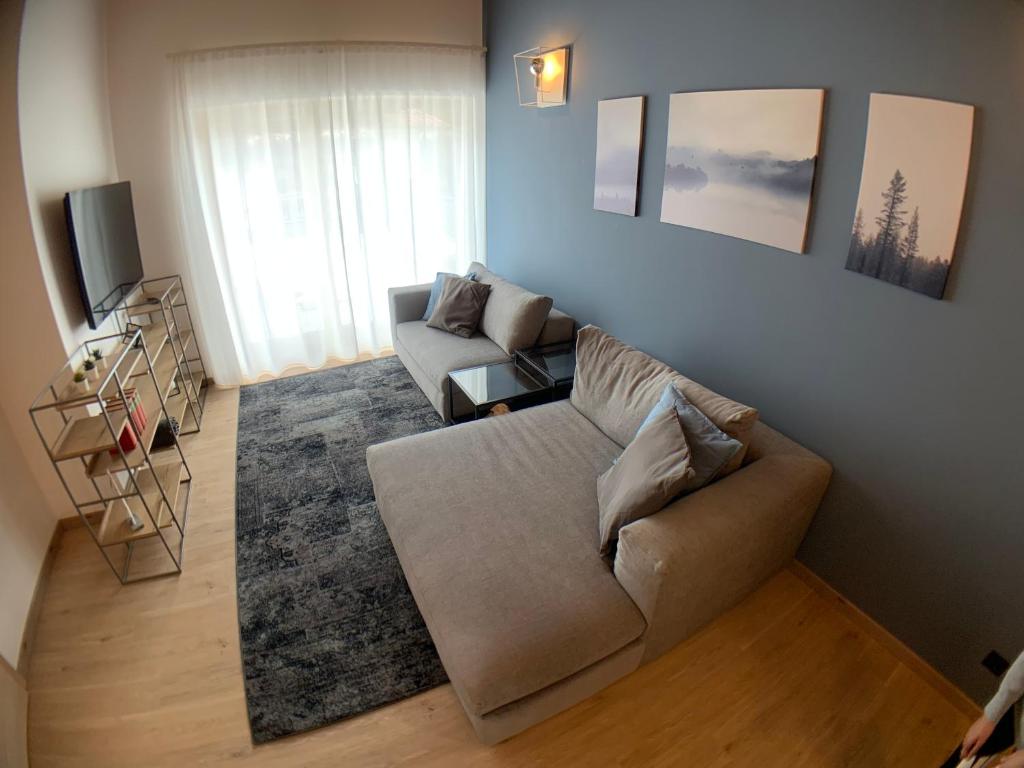 帕多拉Appartamenti Passuello Padola - Blue的客厅配有沙发和桌子
