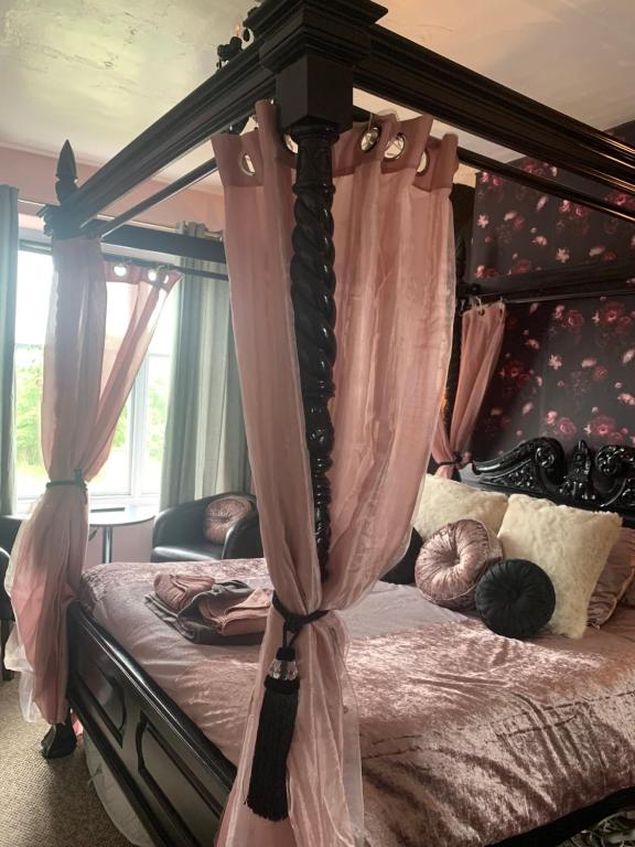 LlanegrynPeniarth arms的一间卧室配有一张带粉红色窗帘的天蓬床