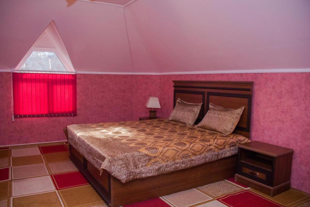 ChkalovskHotel Matin on Moskovskay的一间卧室配有一张粉红色的墙壁和窗户。