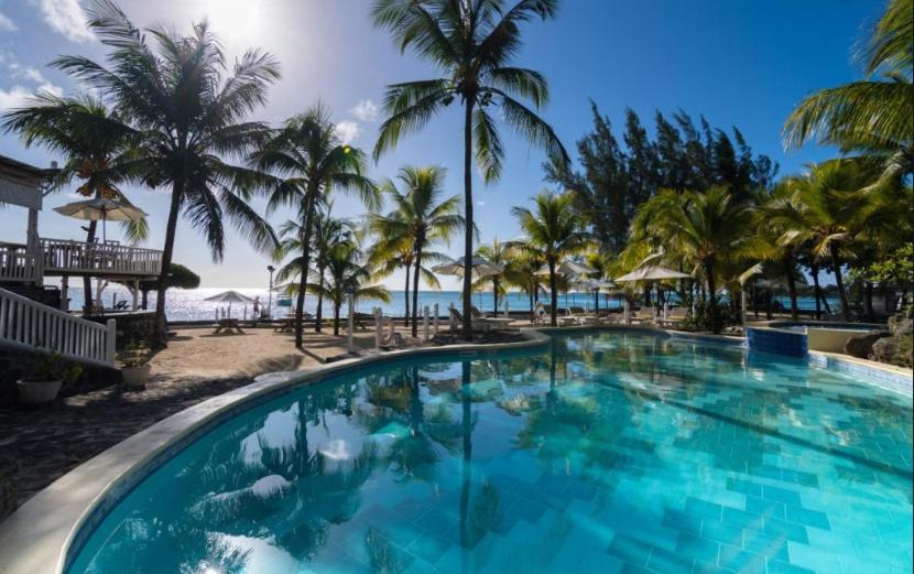 佩雷贝勒Hibiscus Boutique Hotel的棕榈树和海洋度假村的游泳池