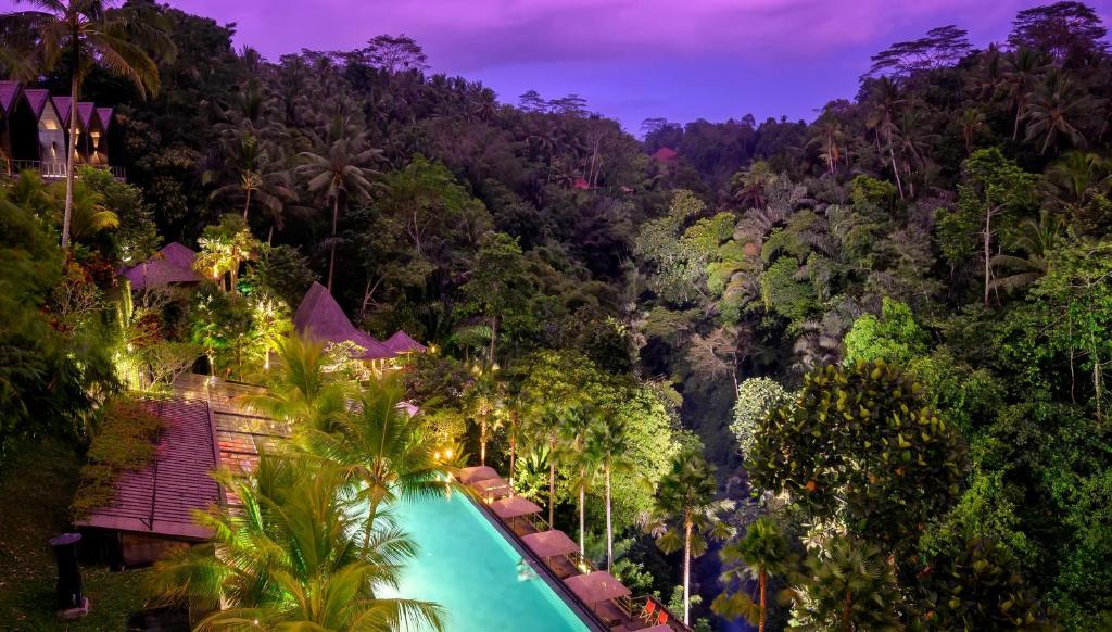 乌布查蓬塞巴里度假村的享有带游泳池和树木的度假村的空中景致