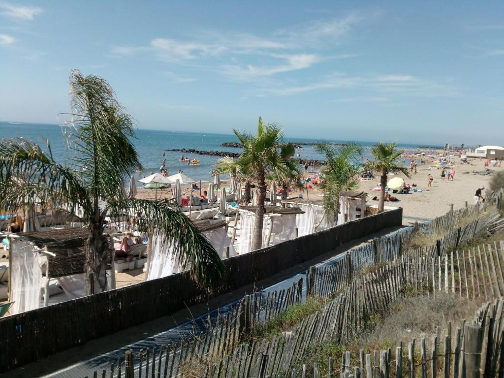 维亚斯Studios - Bord de Plage的一片拥有围栏和棕榈树的海滩,人们