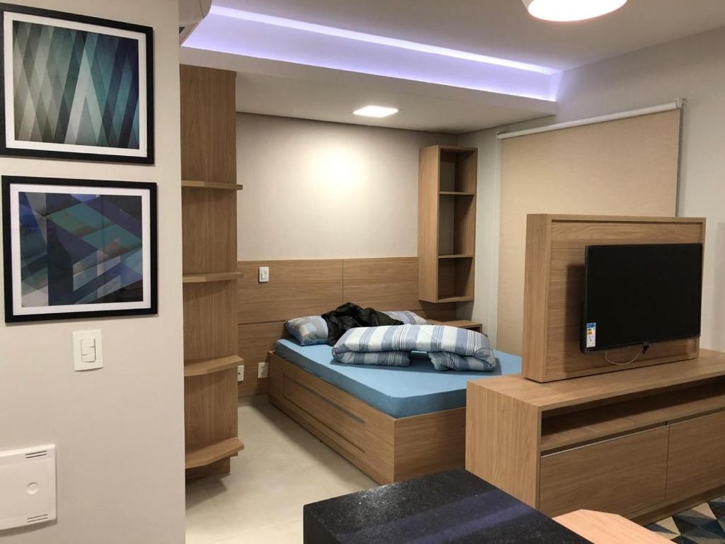 普雷图河畔圣若泽Flat novinho e completo的客房设有一张床和一台平面电视。
