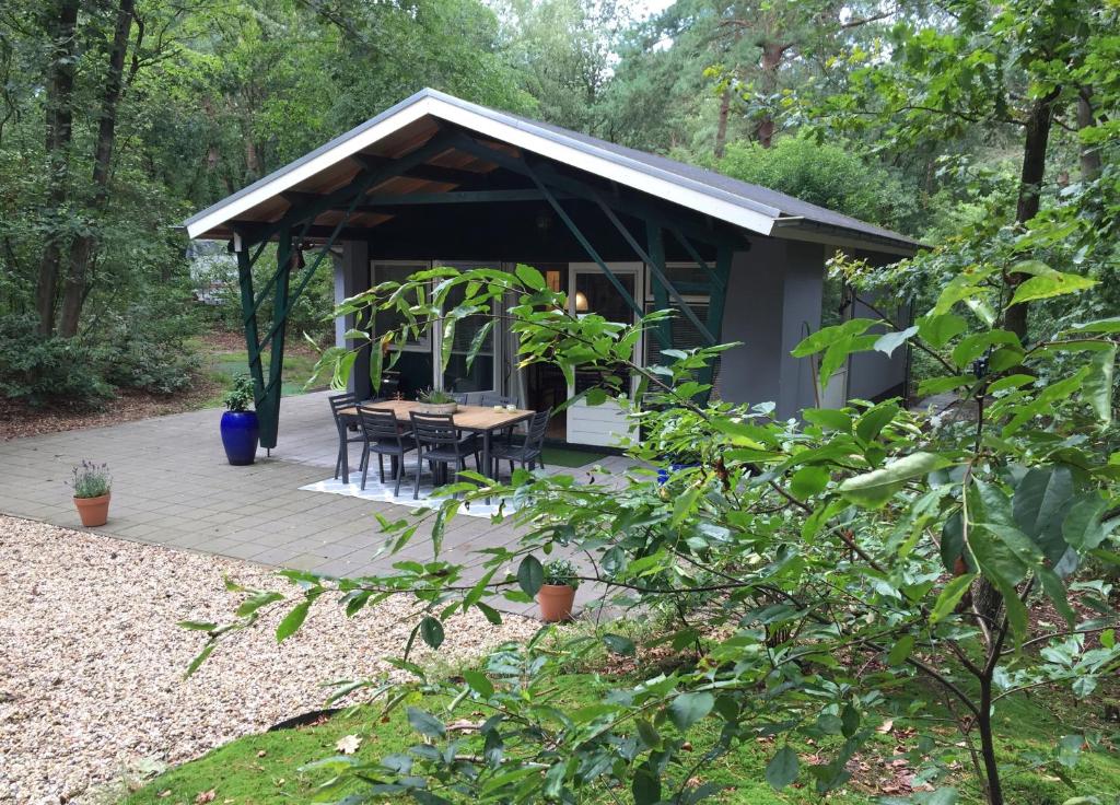宁斯佩特Het Natuurhuisje op de Veluwe的树林中的小屋,配有桌椅