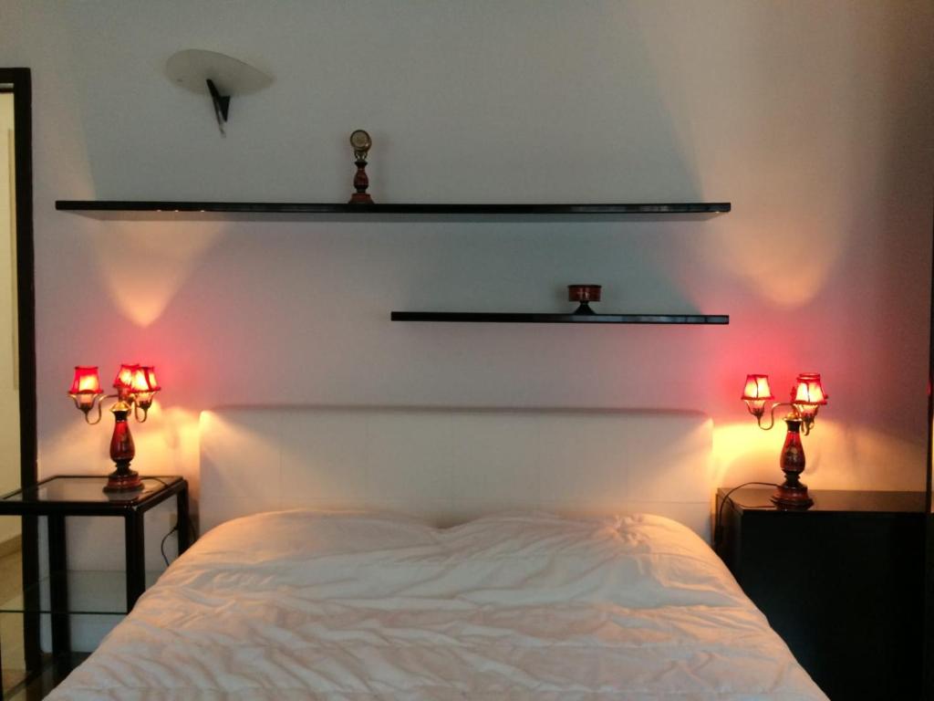 威尼斯Ca’Ghironda的一间卧室配有白色的床和两盏灯