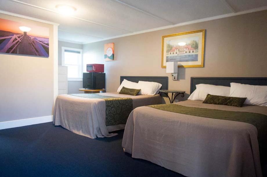 约克海雾风汽车旅馆的酒店客房设有两张床和电视。