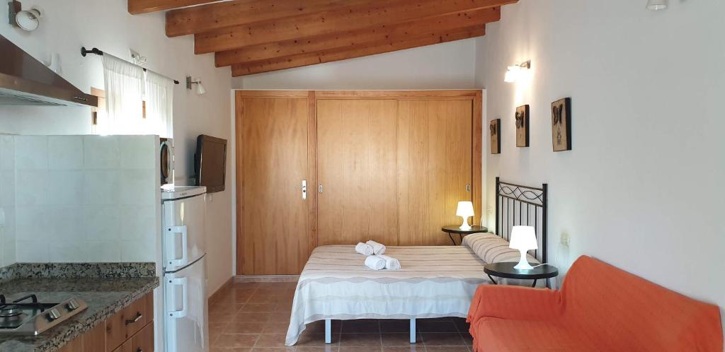 米乔尔海滩Tranquilidad y naturaleza a 800m Playa Migjorn的一间带床和沙发的房间和一间厨房