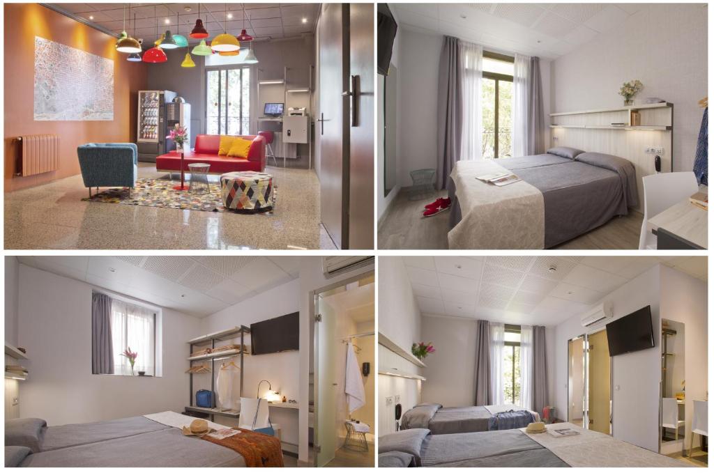巴塞罗那贝尼多姆旅馆的卧室和客厅的两张照片