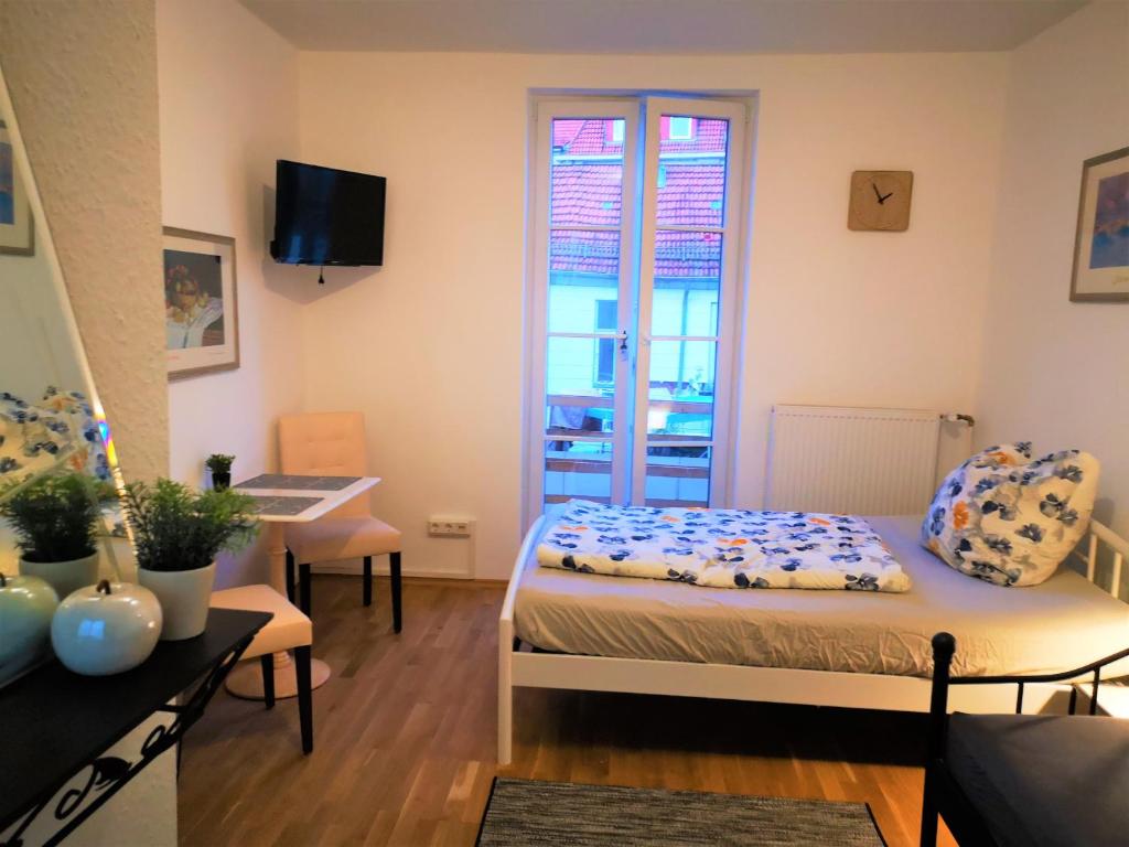 哥廷根City Apartments的客房设有床、书桌和窗户。