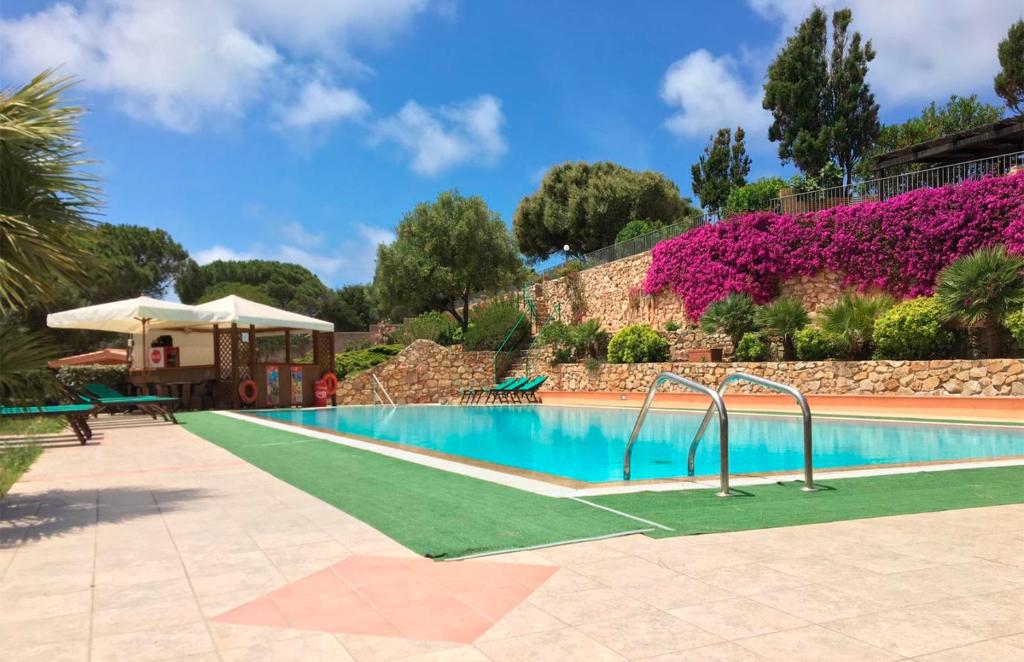 圣特雷莎加卢拉La Liccia - Camping&Village的紫色花卉度假村内的游泳池