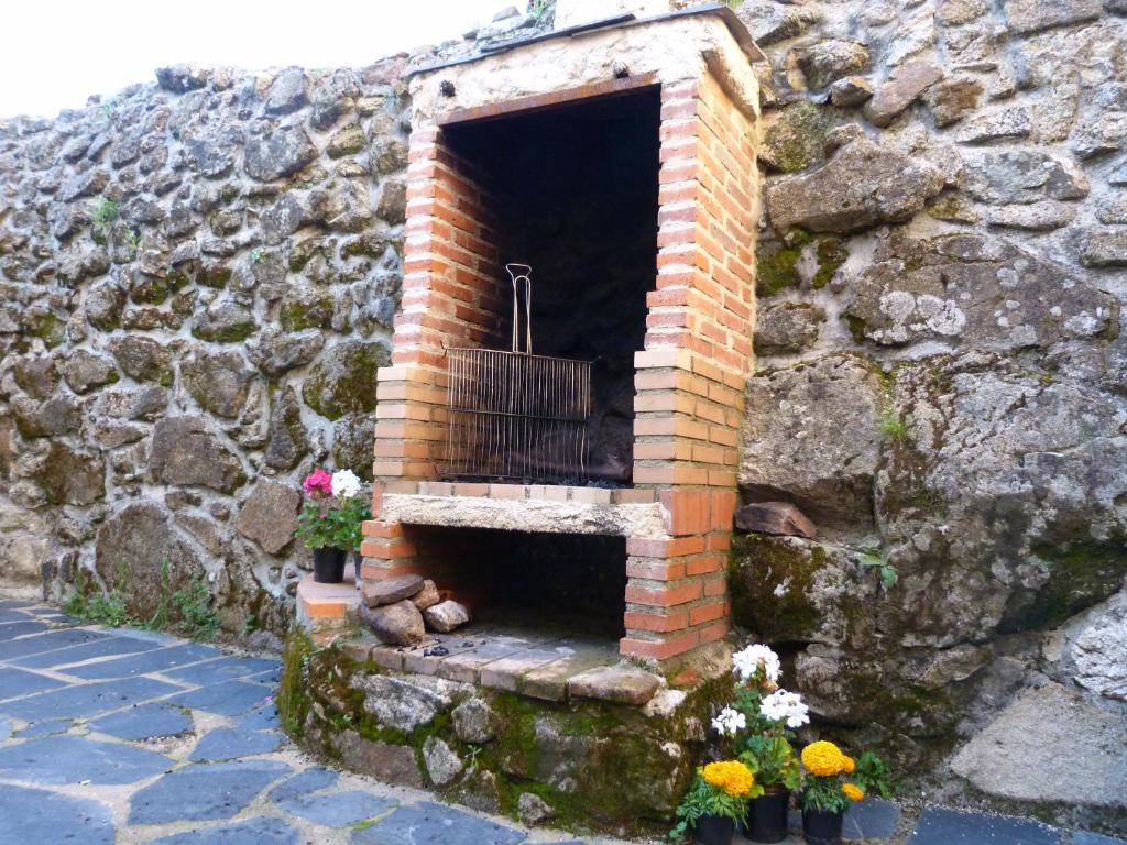 SequerosCasas del parador - Abadía的石头墙上的砖砌壁炉,花卉