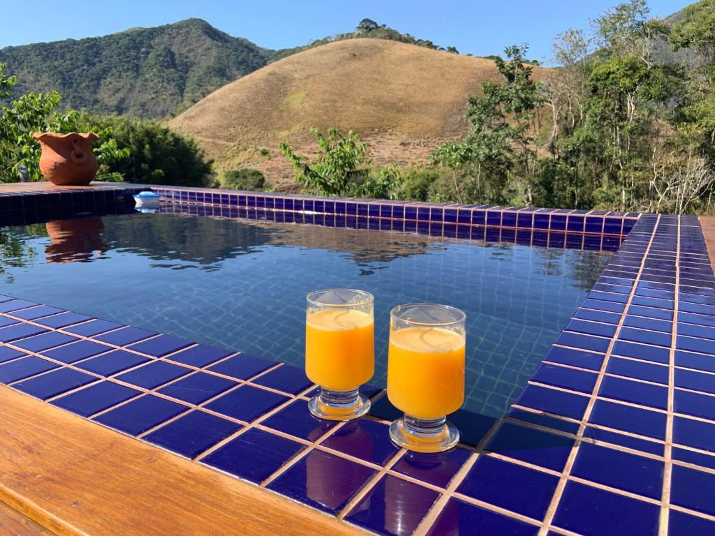 卢米亚Cactus Chalé em lumiar的游泳池畔的桌子上放两杯橙汁