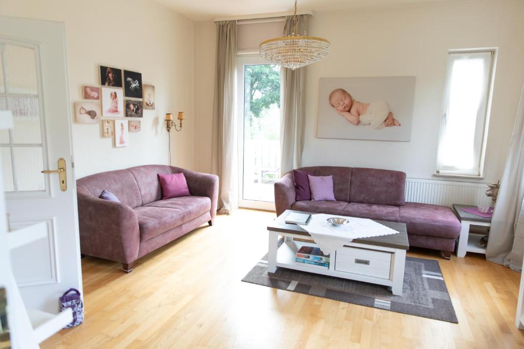 奥利希Hus Lintje的客厅配有两张紫色沙发,墙上有婴儿