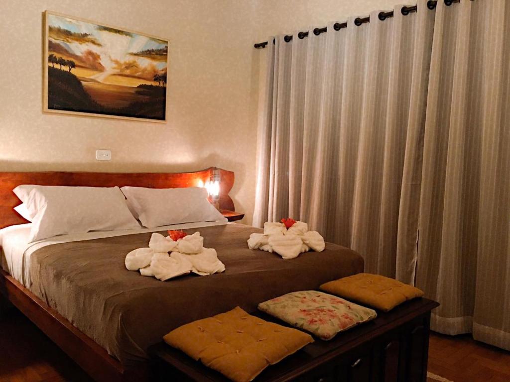 圣安东尼奥-杜皮尼亚尔Pousada Recanto das Marias的一间卧室配有带毛巾的床