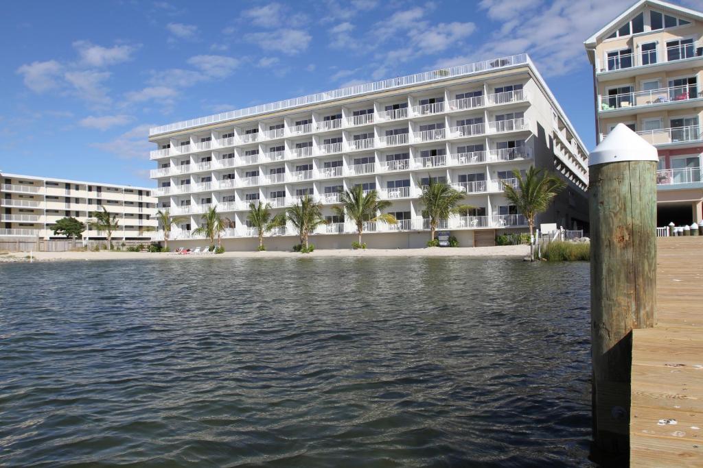 大洋城公主湾海滩酒​​店的水体前有码头的酒店