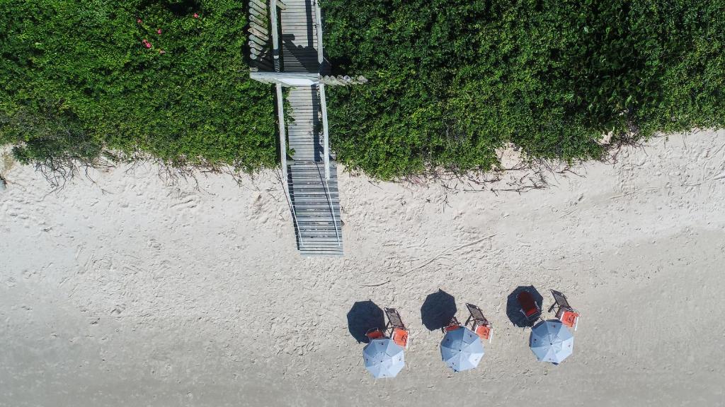 邦比尼亚斯Refugio dos Guaias的一群人站在海滩上,拿着遮阳伞