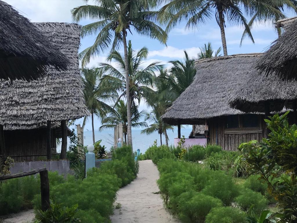 UtendeMafia Beach Bungalows sea view的两座棕榈树茅草屋之间的路径