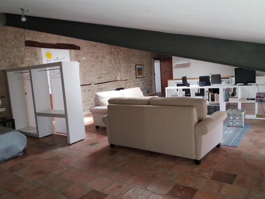 莫雷拉casa-palau marques de cruilles的客厅配有两张沙发和一面镜子