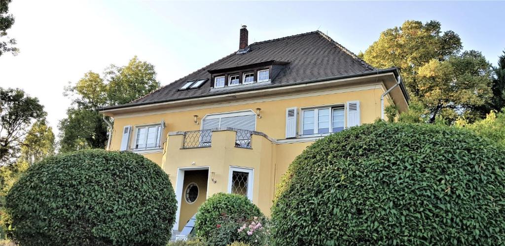 施科伊迪茨Villa Romahn的黄色房子,有黑色的屋顶和两片灌木丛
