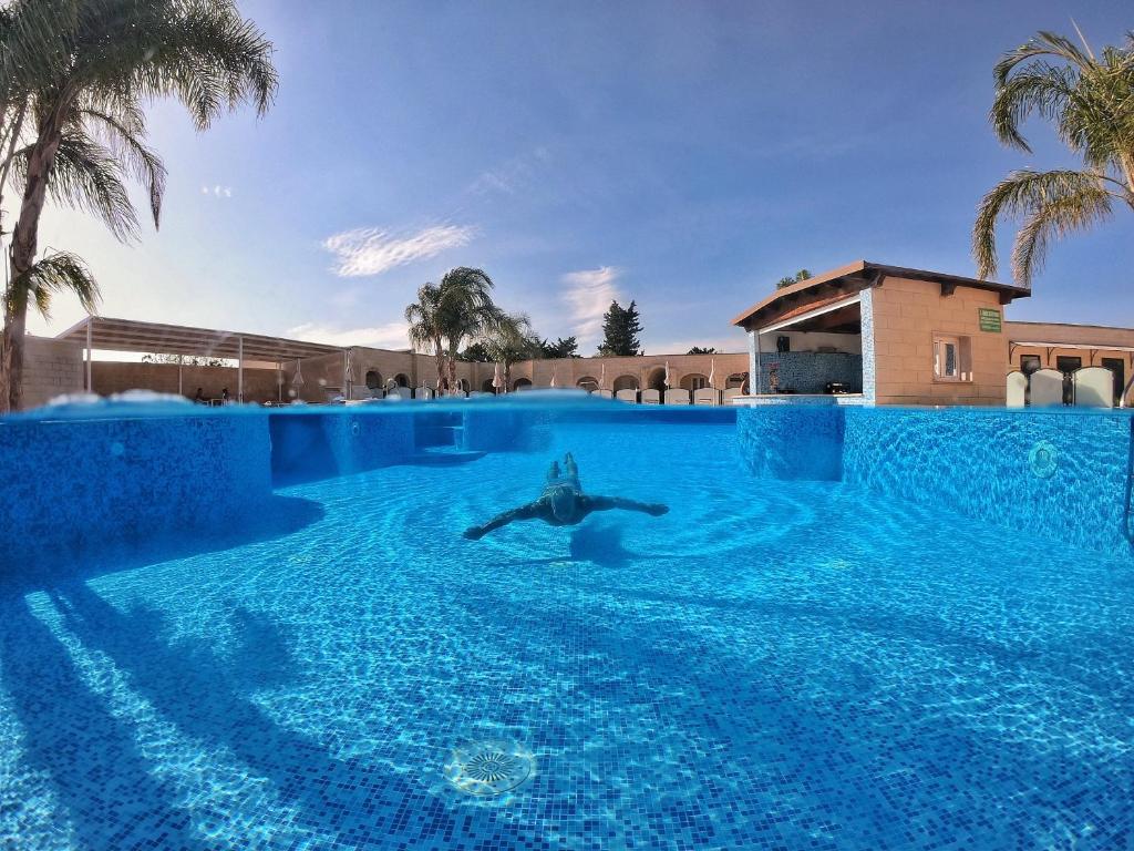 奥特朗托La Pineta Residence的在棕榈树的大型游泳池游泳的人