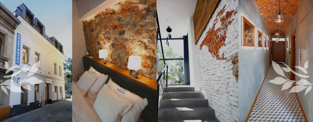 塔尔努夫Aparthotel Zakątna B&B的两幅带床和走廊的建筑图片