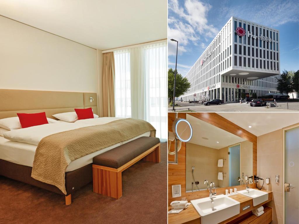 慕尼黑H4慕尼黑展览中心酒店的酒店客房,设有床铺和水槽,还有一座建筑
