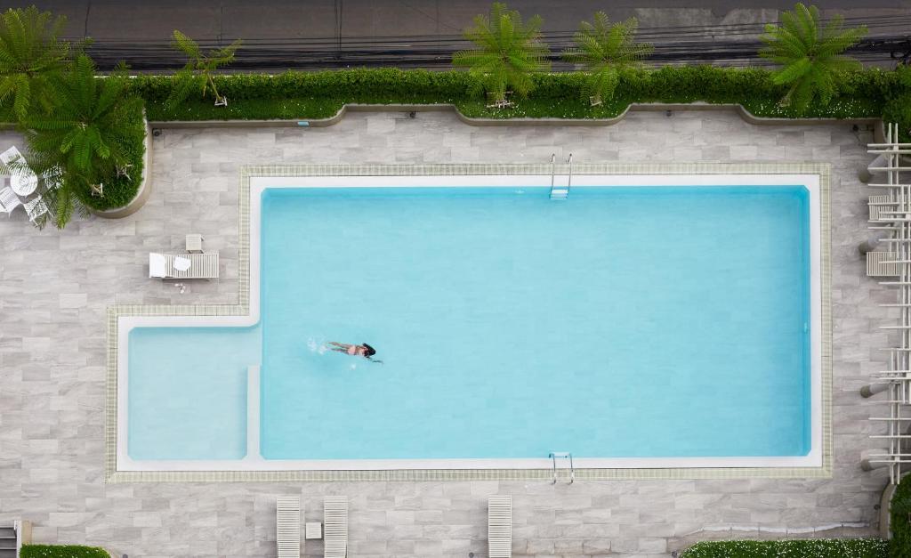 曼谷BU Place Hotel的在大型游泳池游泳的人