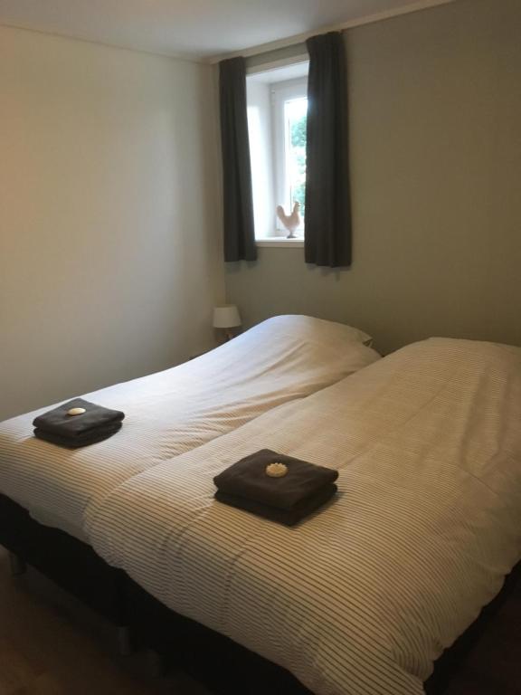 BiggekerkeIn de Zeeuwse Schuur的一间卧室配有一张床,上面有两条毛巾