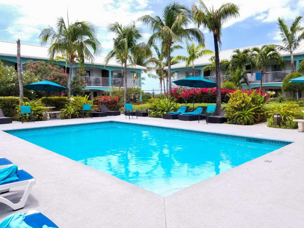 格雷斯湾Island Club Turks & Grace Bay Place的棕榈树度假村前的游泳池