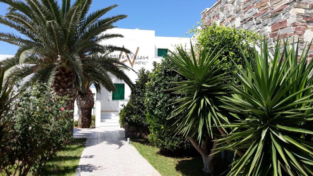 圣安娜纳克索斯安妮塔乡村酒店的一座种有棕榈树的庭院和一座白色的建筑