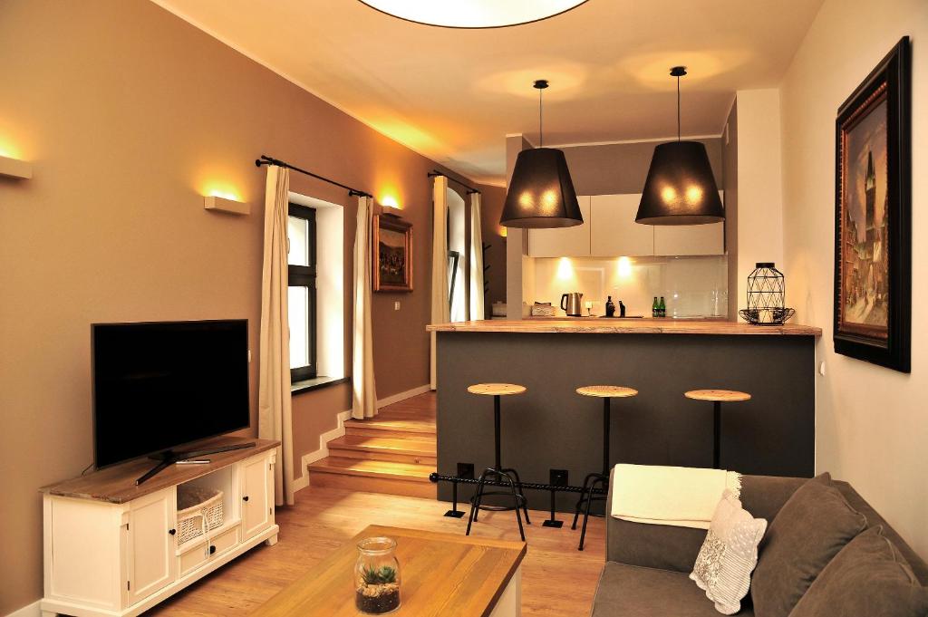 托伦Apartamenty Kopernika 14的带电视的客厅和厨房