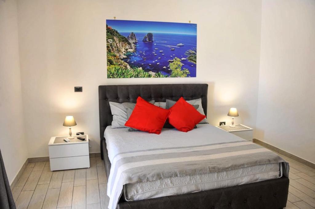 庞贝B&B Le due Rose (Pompei)的一间卧室配有一张带红色枕头的大床