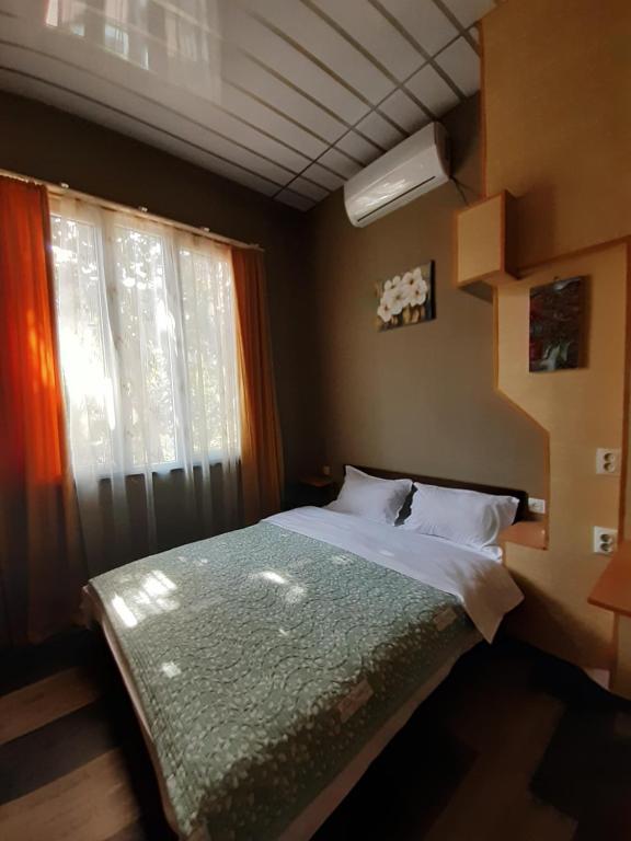 第比利斯Joniskera的一间卧室配有一张带窗户的床和床罩
