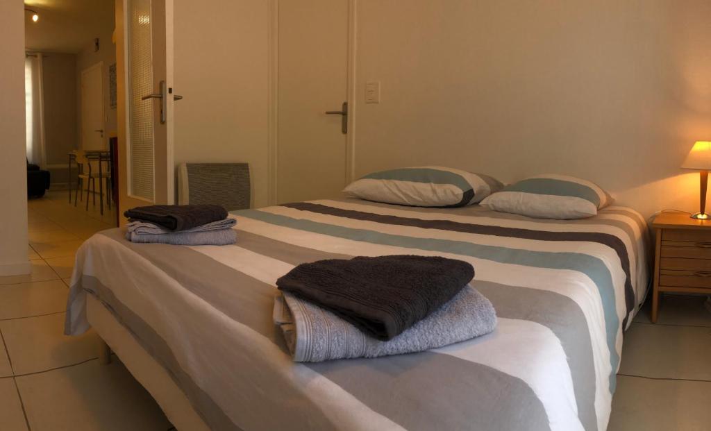 布里夫拉盖亚尔德Brive Centre的客房内的两张床和毛巾