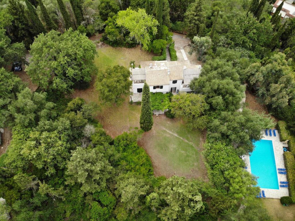 古维亚Alexandra villas的享有森林中带游泳池的房屋的空中景致