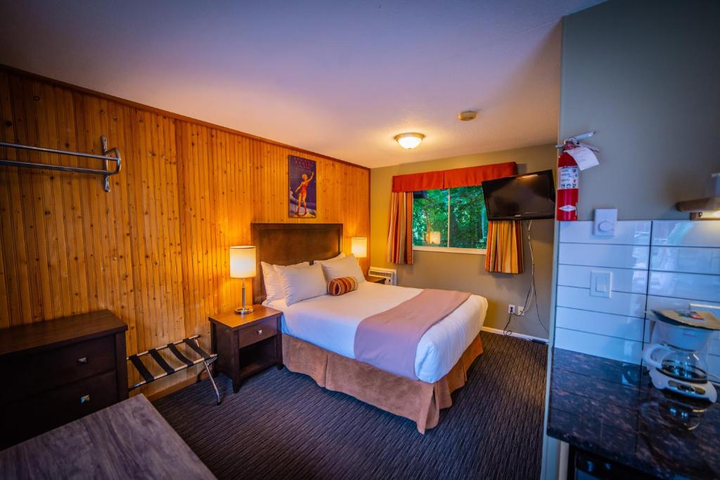 尼尔逊Alpine Inn & Suites的一间酒店客房 - 带一张床和一间浴室