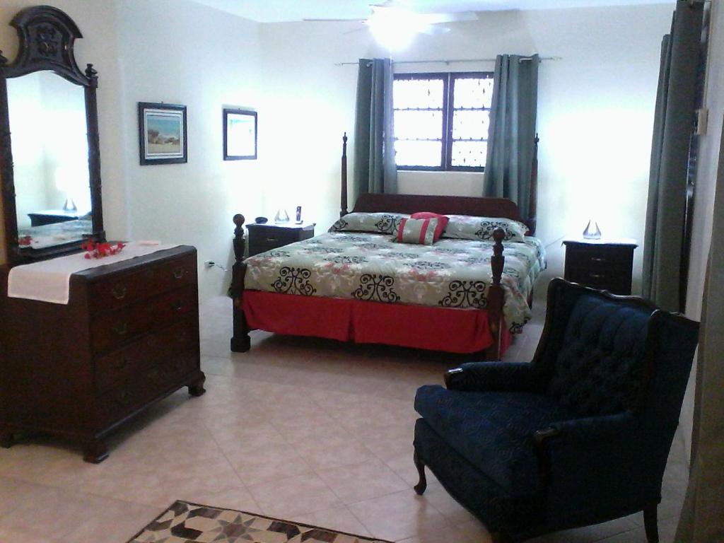 拿骚Gillys Dream的一间卧室配有一张床、一把椅子和镜子