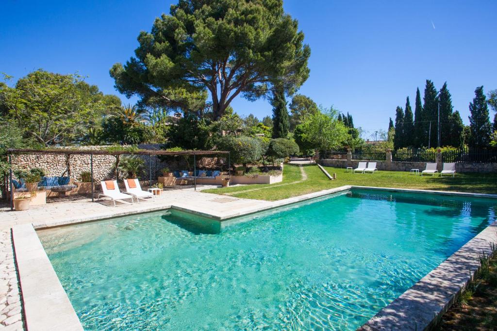 阿尔盖达Oliver Moragues Grandhouse & Vineyard的庭院内的游泳池,带椅子和树木