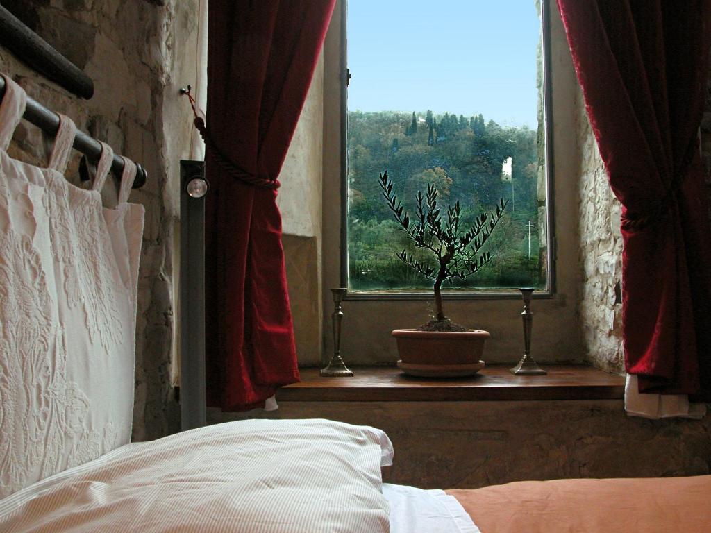 菲耶索莱La Martellina B&B的一间卧室配有一张床,窗户配有盆栽植物
