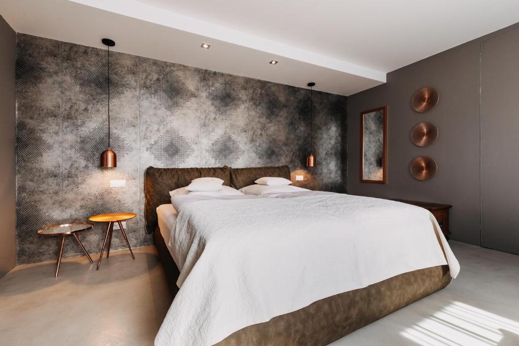 卡罗维发利VILLA BRICOLA - Boutique Apartments的一间卧室设有一张大床和灰色的墙壁