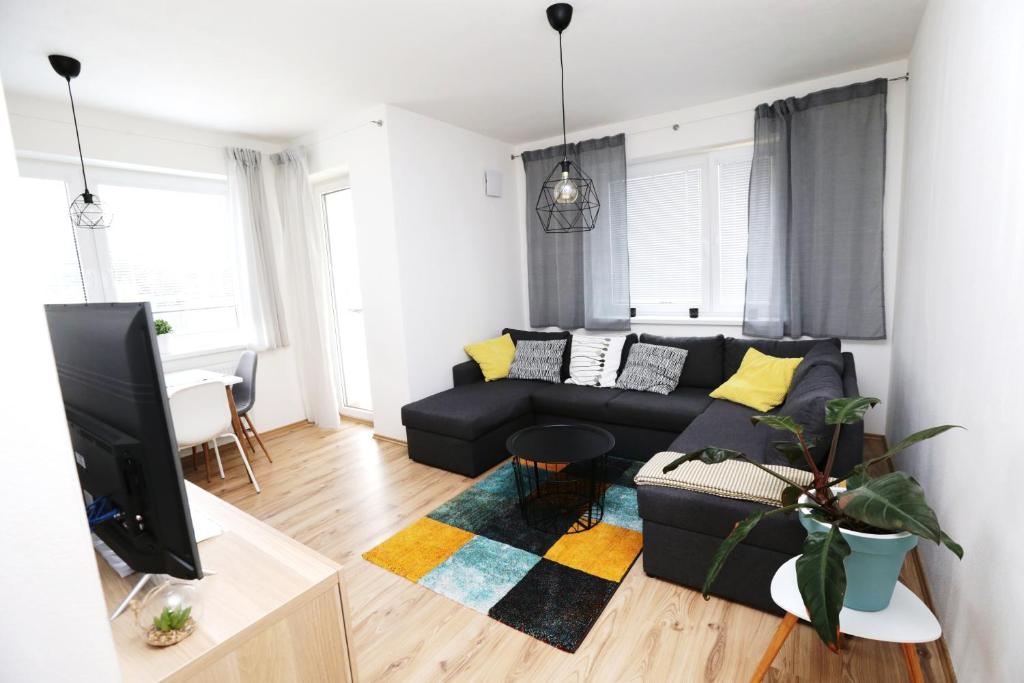 沙莫林Šamorín - apartment in the center - free parking的客厅配有黑色沙发和电视