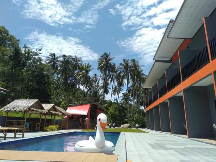 塔林甘海滩Samui Hills的大楼旁边的游泳池里的天鹅