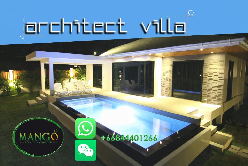波普托-20 Off per cent Luxury Mango Villa的夜间在房子前面的游泳池