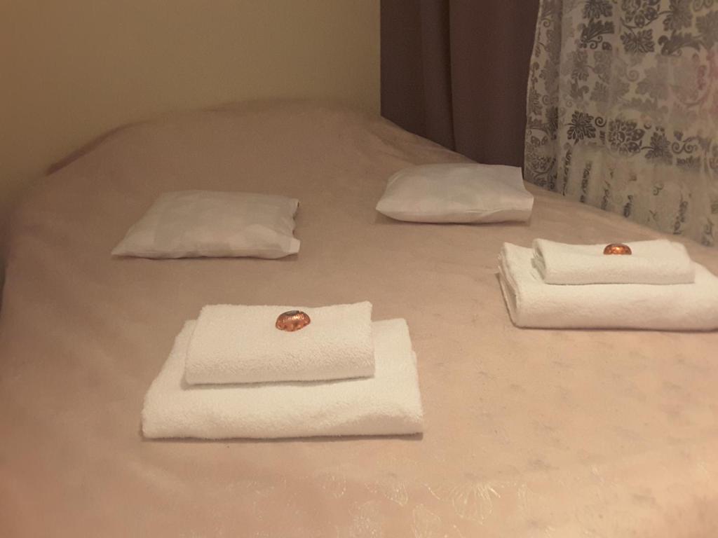 蒂黑Apartament dla turystów的三条毛巾坐在床上